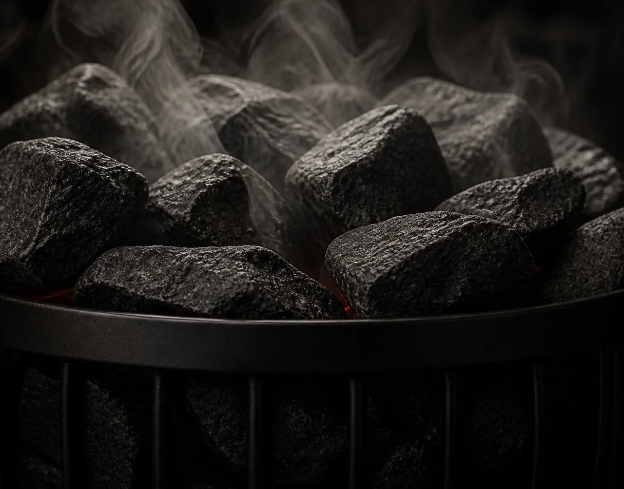 Sauna heater filled with dense stones radiating heat