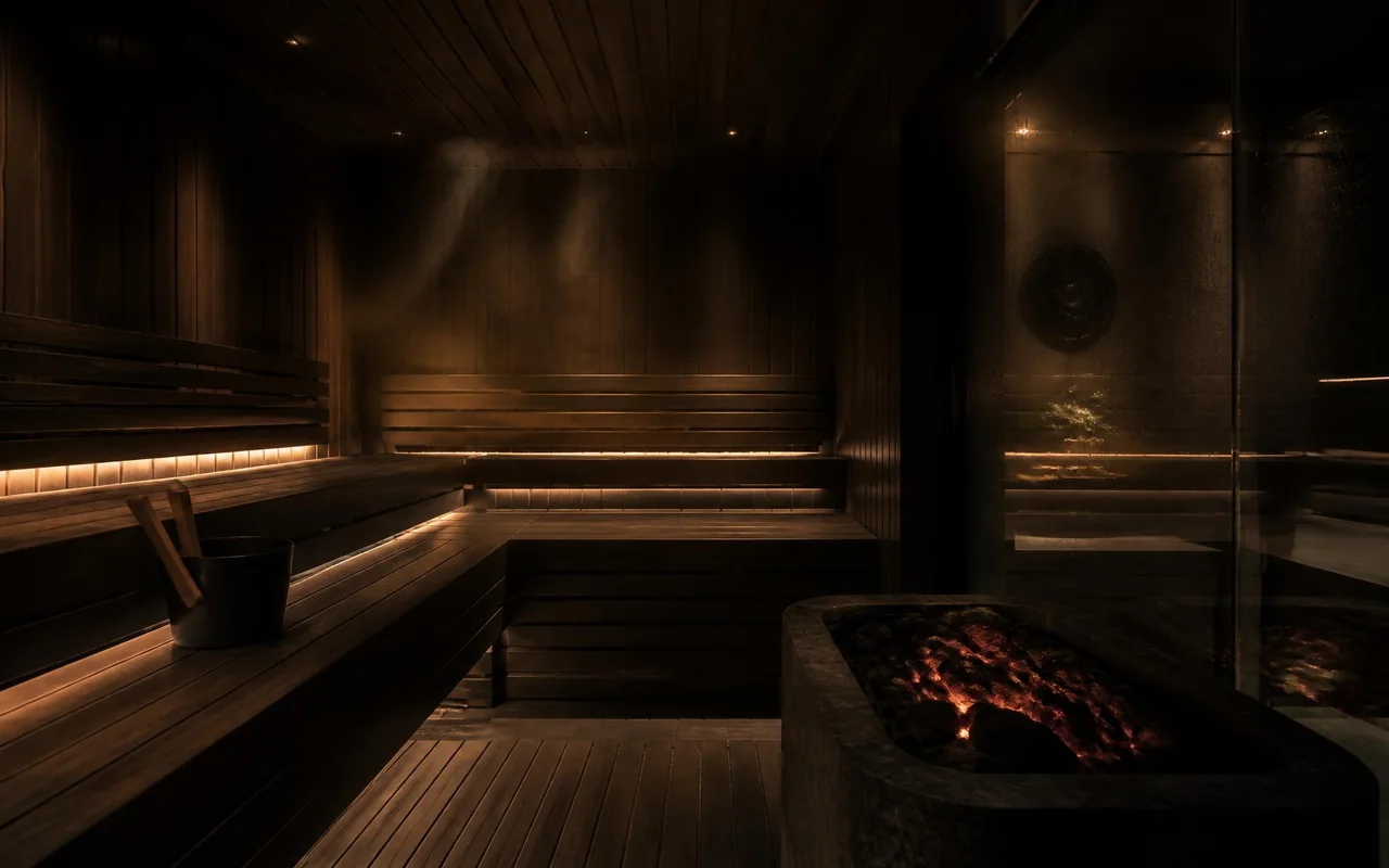 Atmospheric Finnish sauna interior in dark timber with a stone heater