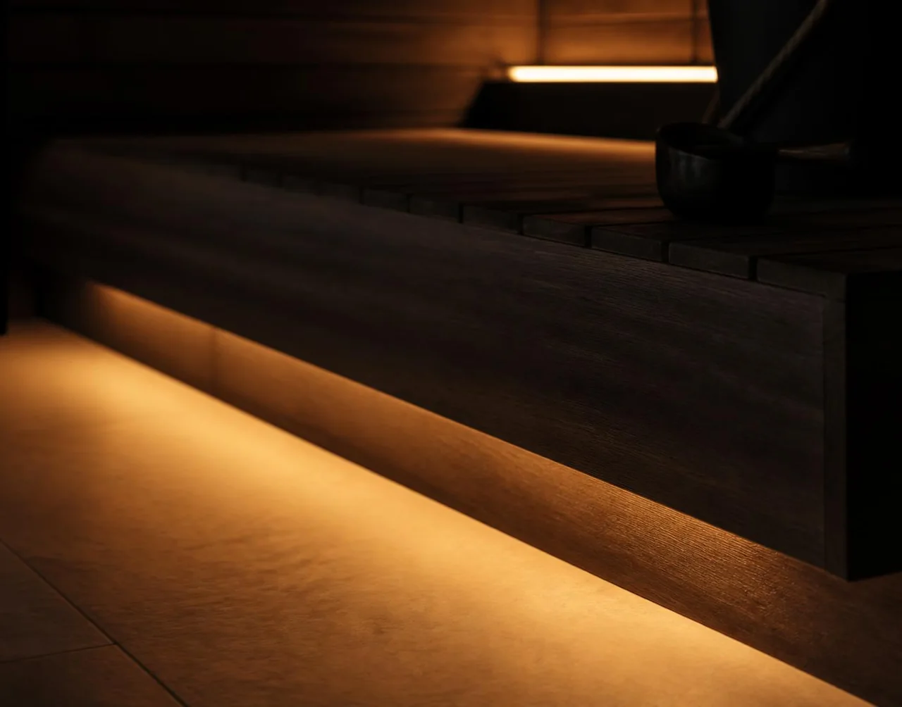 Warm indirect sauna-rated lighting beneath a bench