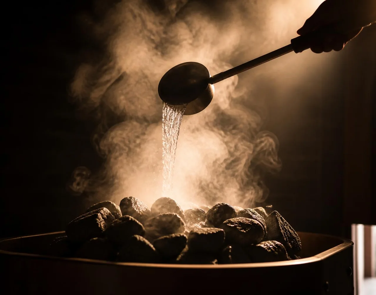 Water poured from a ladle onto hot sauna stones, releasing löyly