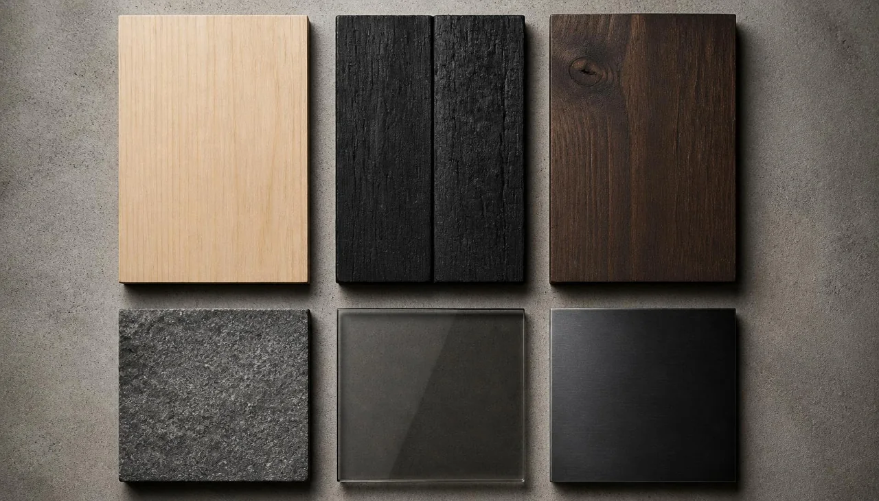 Sauna timber samples in pale, warm and thermally modified tones